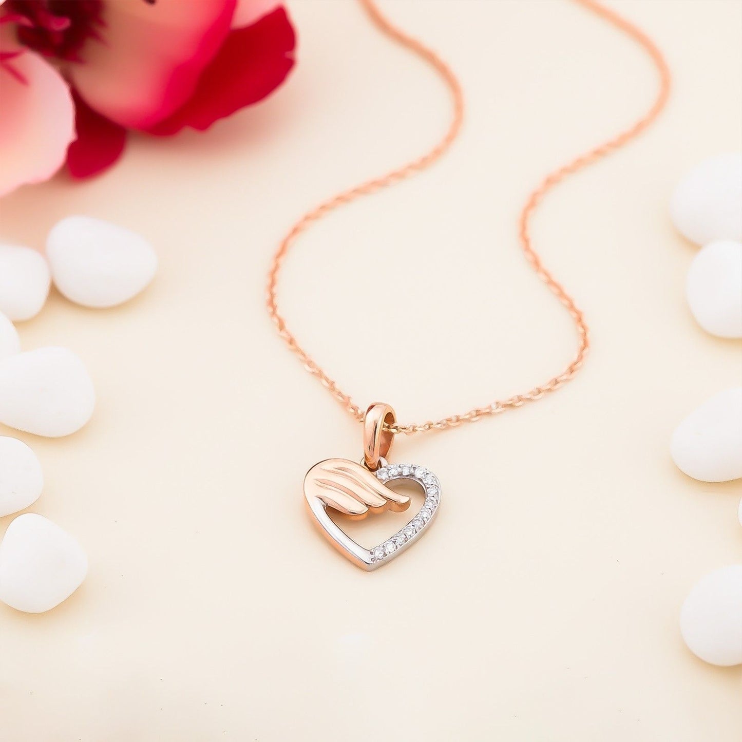 Rose And White Gold Angel wing Heart Pendant with Chain