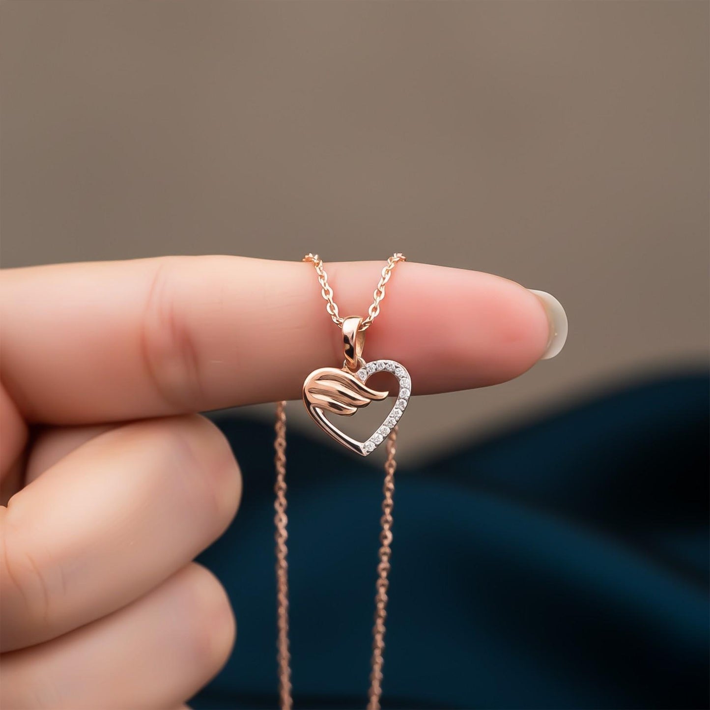 Rose And White Gold Angel wing Heart Pendant with Chain