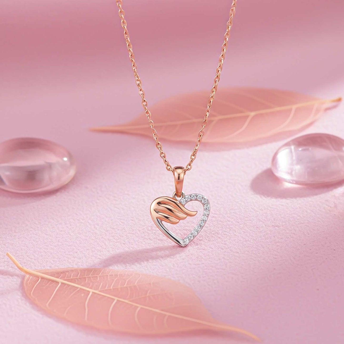 Rose And White Gold Angel wing Heart Pendant with Chain