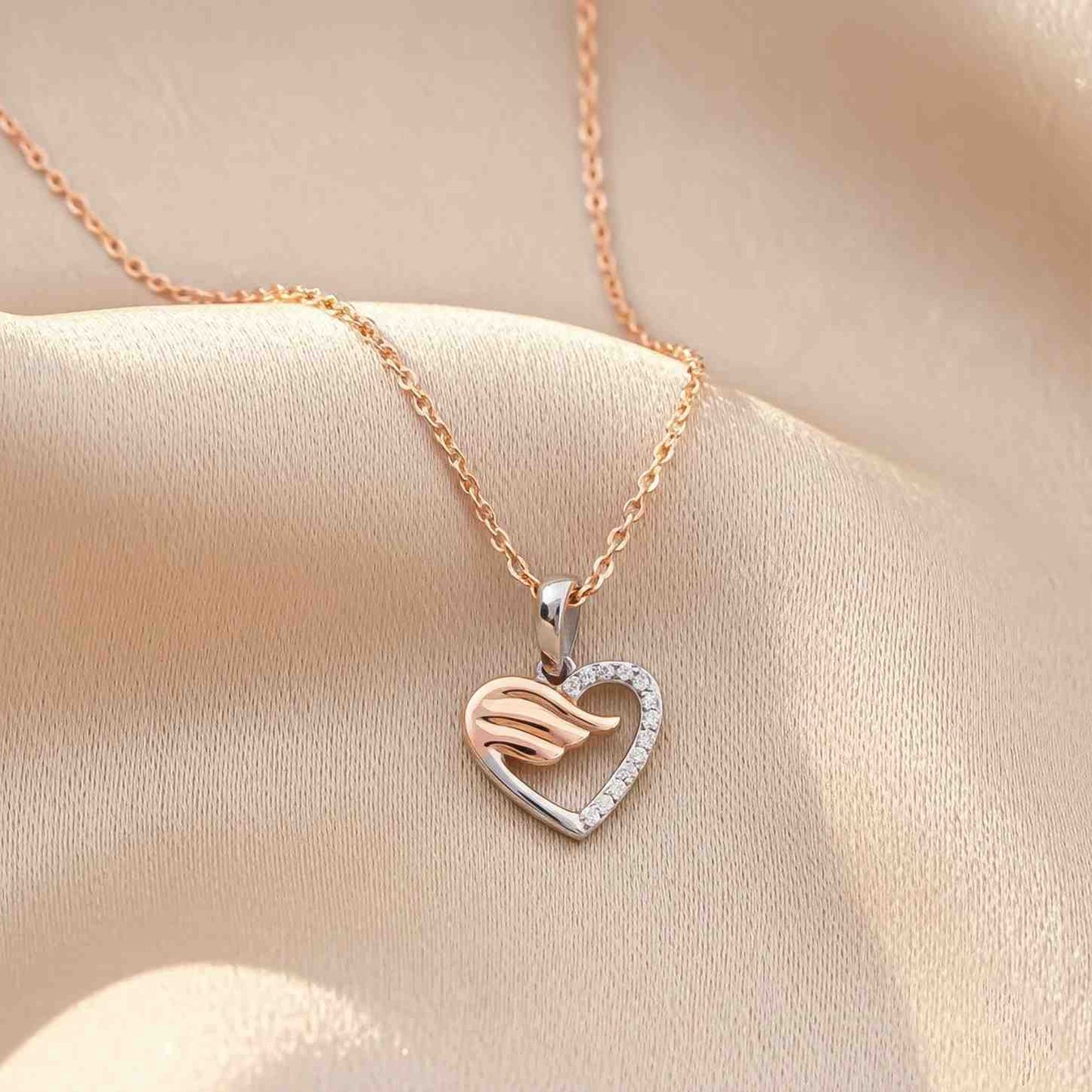 Rose And White Gold Angel wing Heart Pendant with Chain
