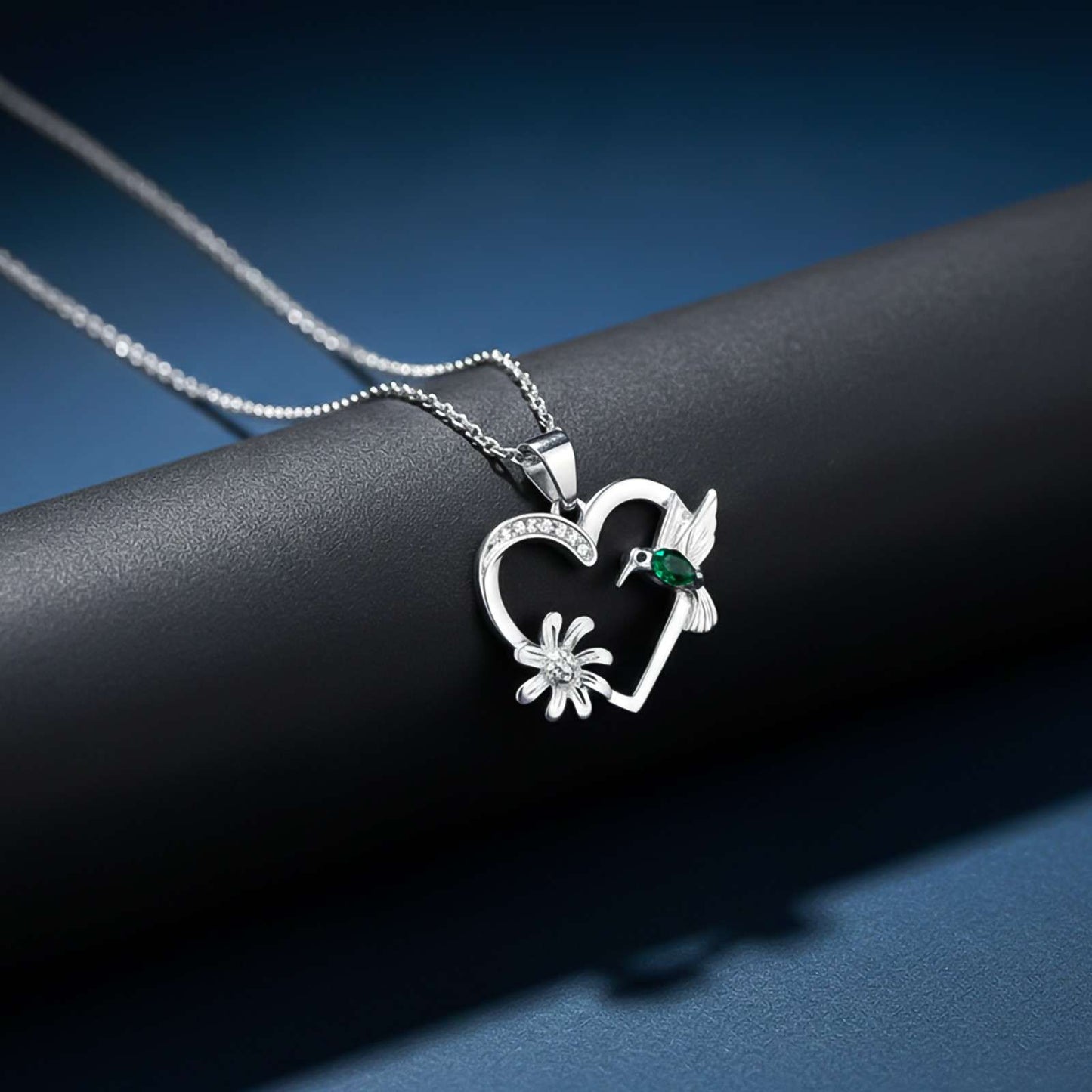 Silver Hummingbird Green Emerald Pendant