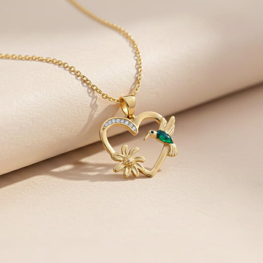 Golden Hummingbird Green Emerald Pendant