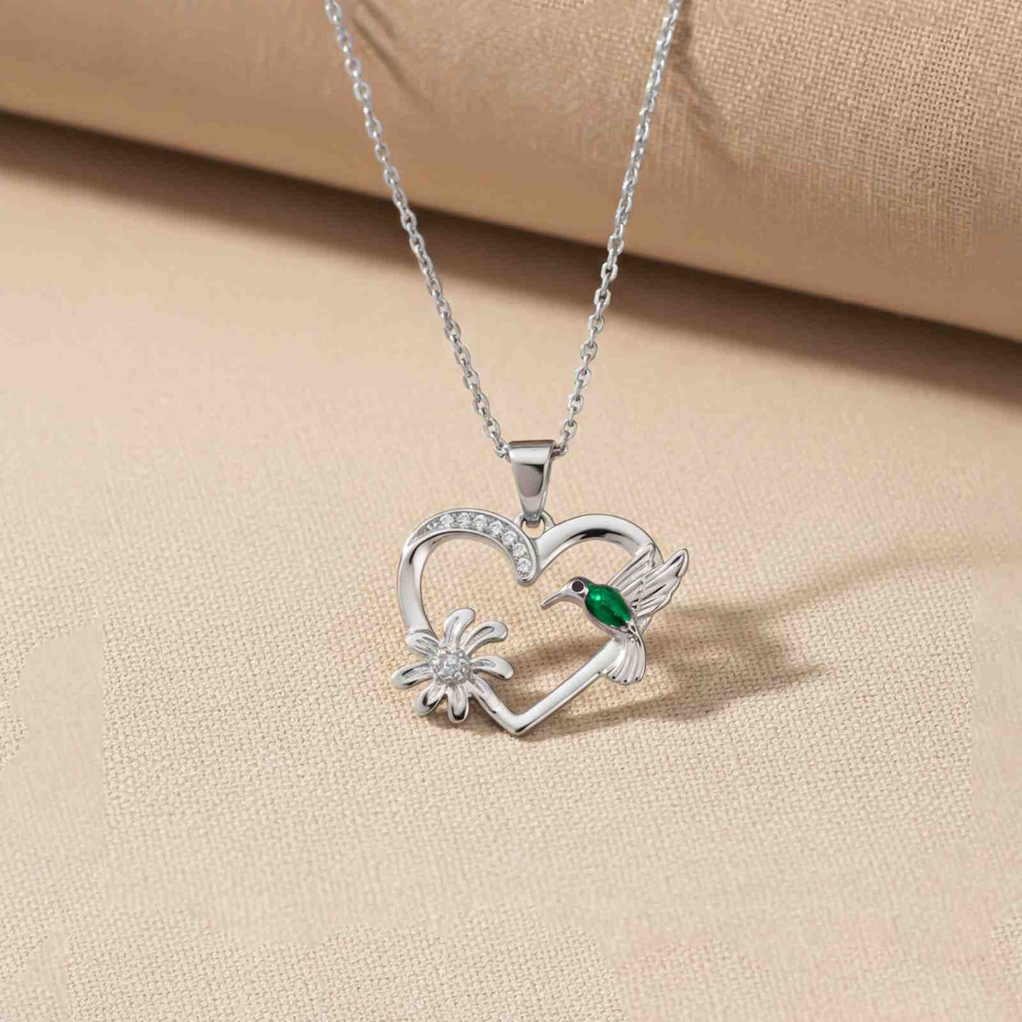 Silver Hummingbird Green Emerald Pendant