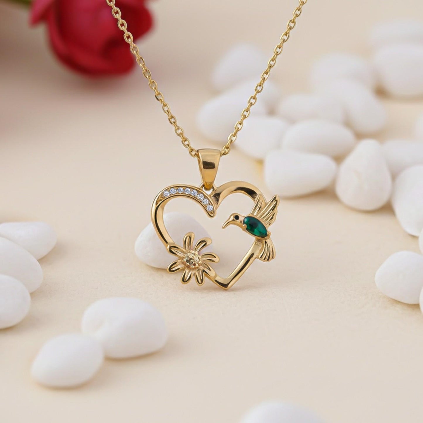 Golden Hummingbird Green Emerald Pendant