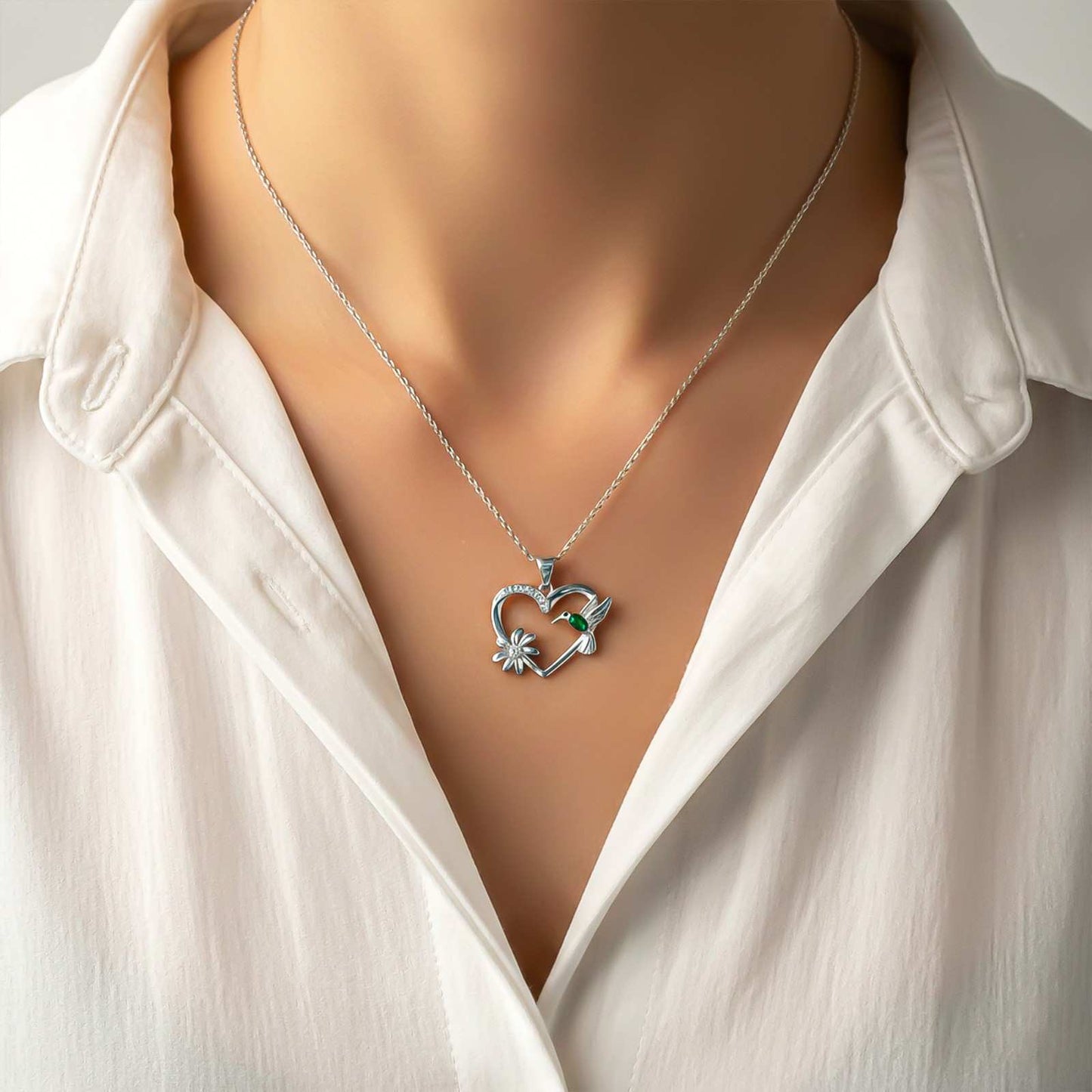 Silver Hummingbird Green Emerald Pendant