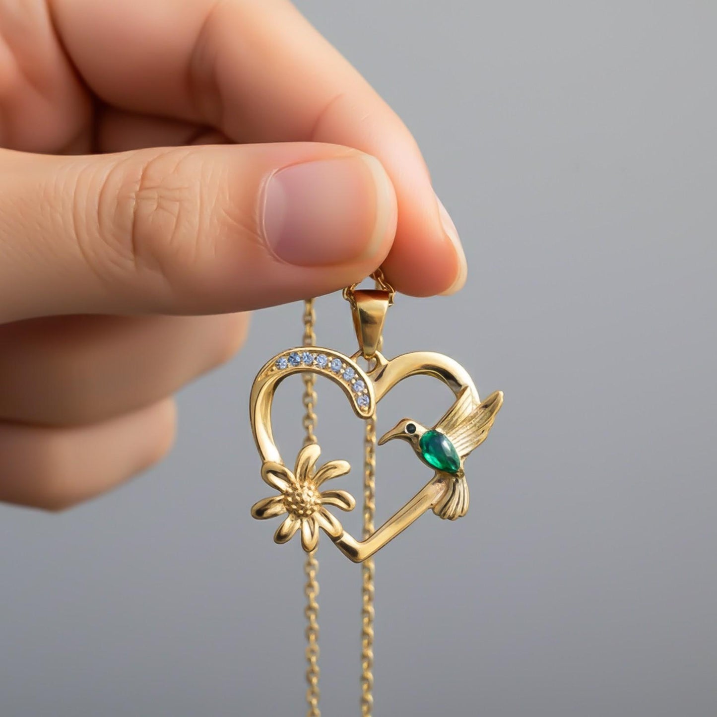 Golden Hummingbird Green Emerald Pendant