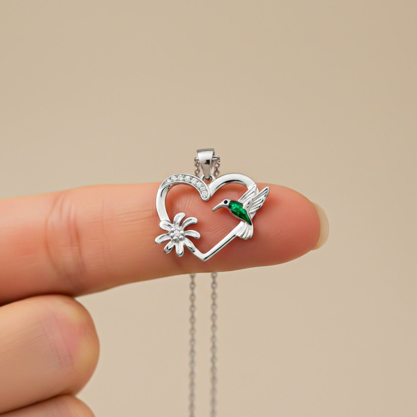 Silver Hummingbird Green Emerald Pendant