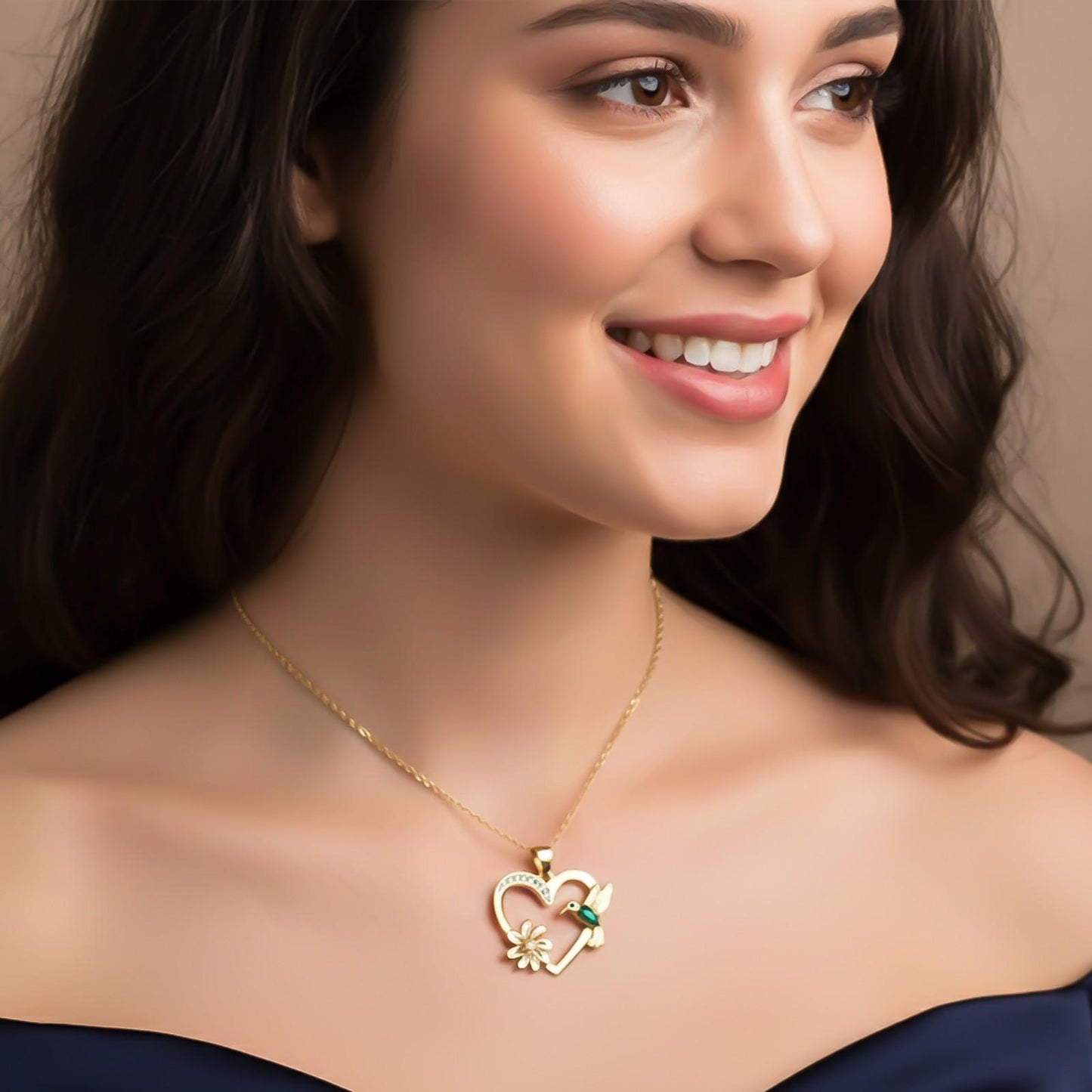 Golden Hummingbird Green Emerald Pendant