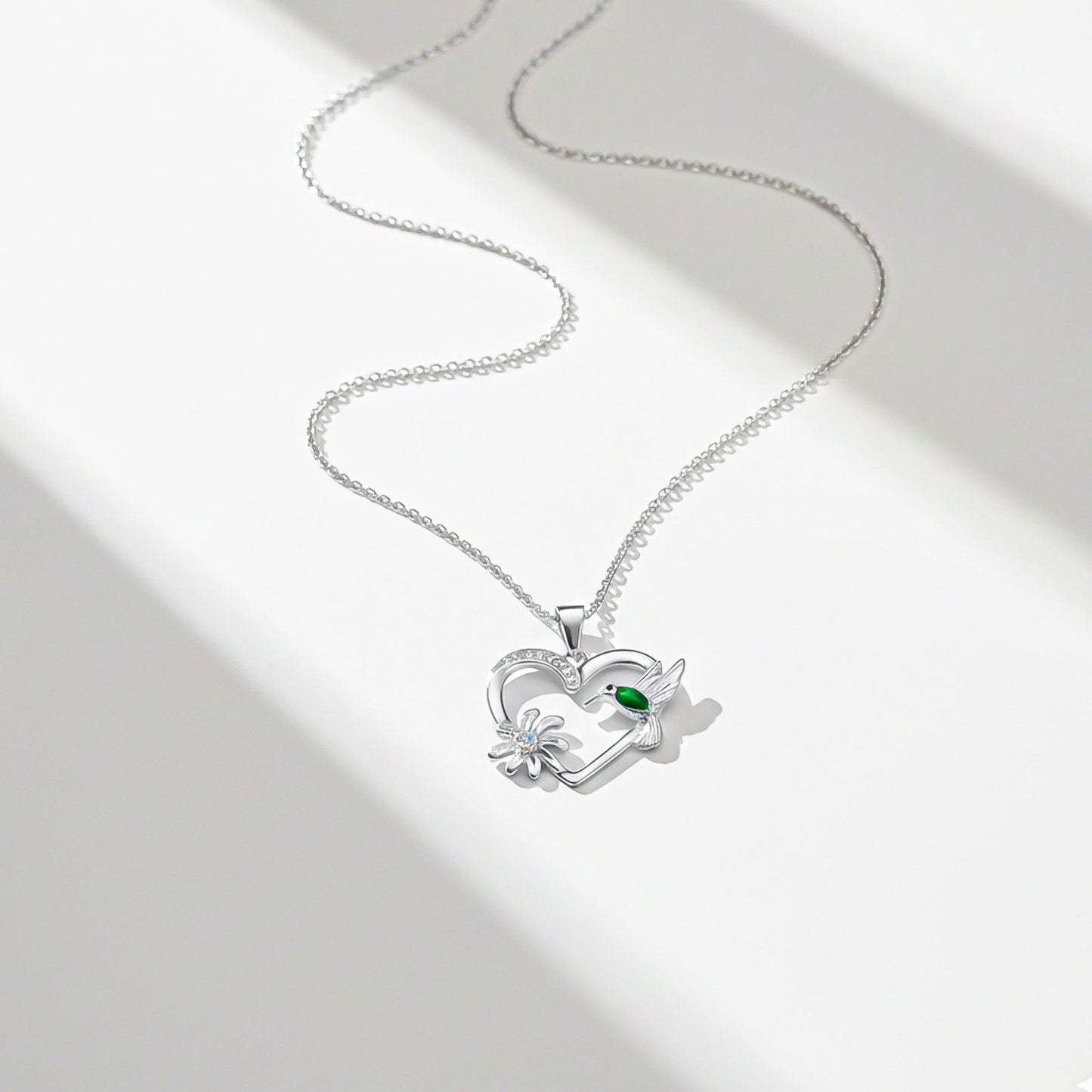 Silver Hummingbird Green Emerald Pendant