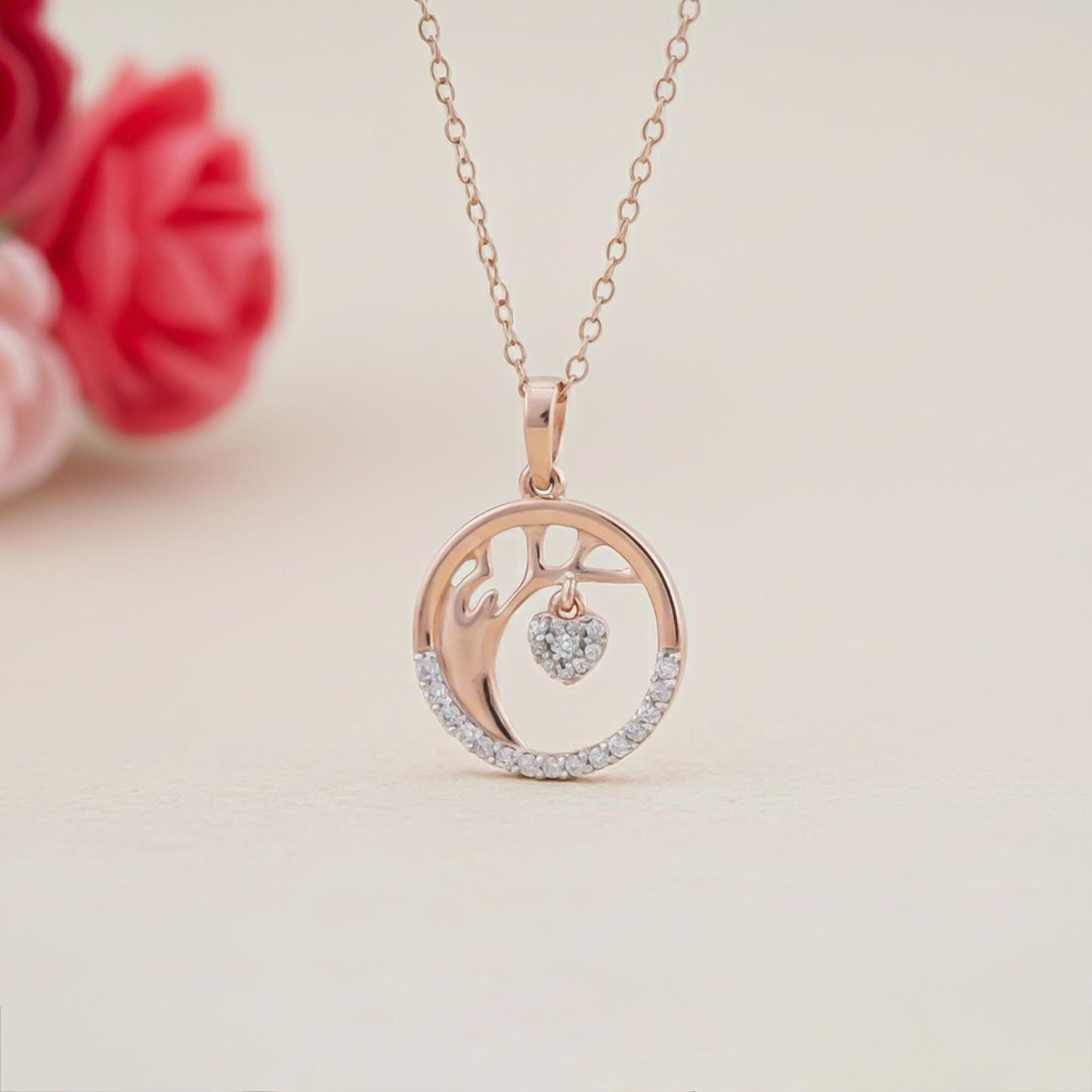 Silver Tree of Life with Heart Charm Circle Pendant