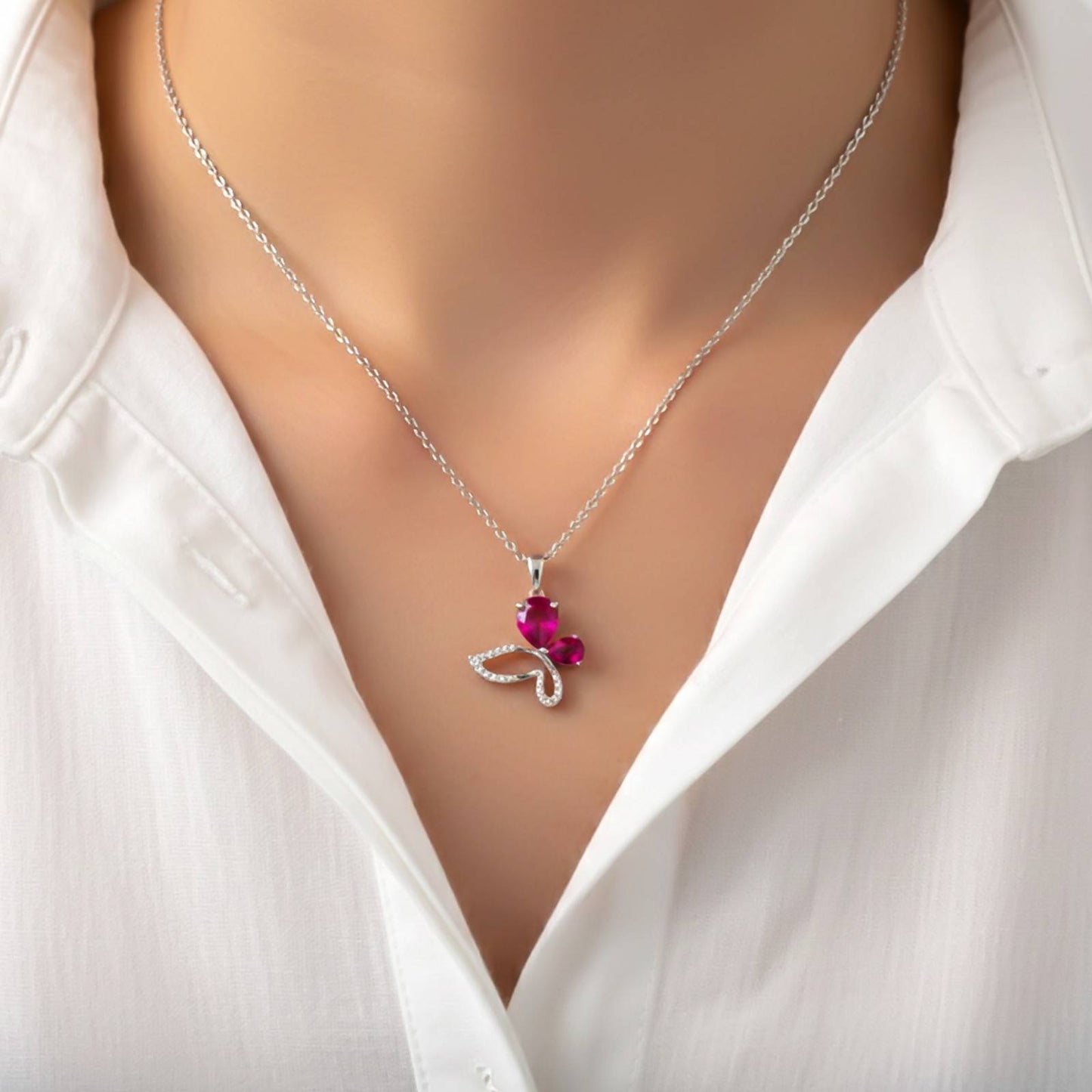 Silver Butterfly Ruby Pendant