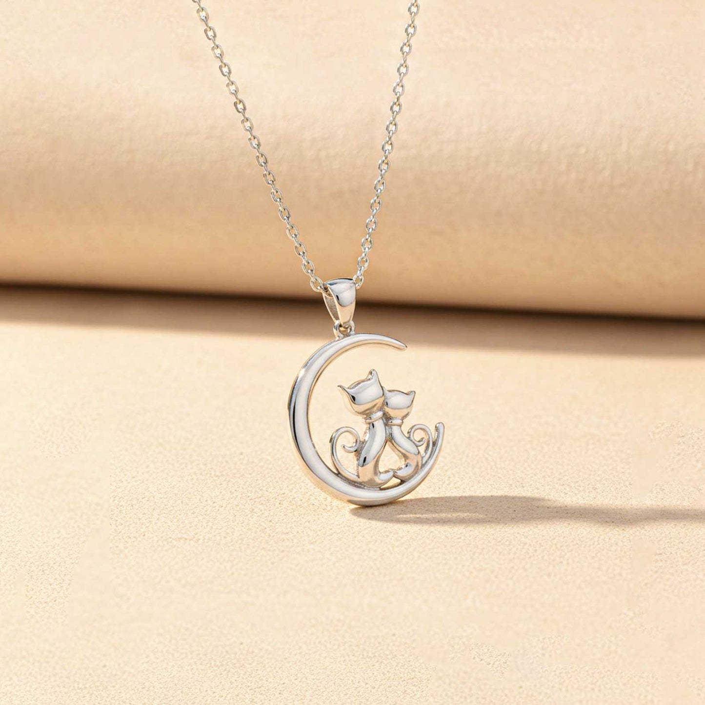 Silver Dreamy Moon Couple Cat Pendant