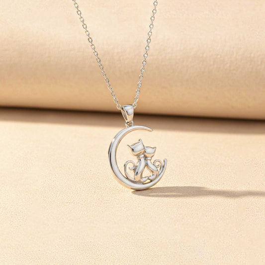 Silver Dreamy Moon Couple Cat Pendant