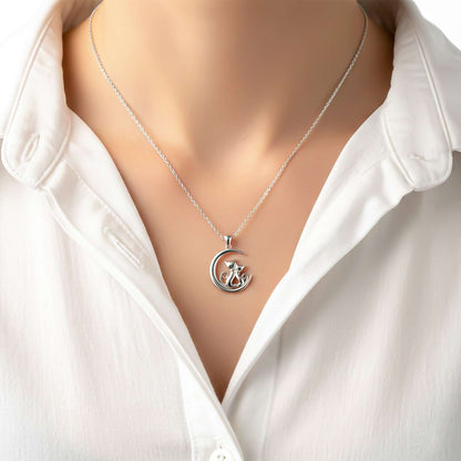 Silver Dreamy Moon Couple Cat Pendant
