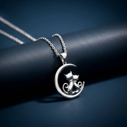 Silver Dreamy Moon Couple Cat Pendant