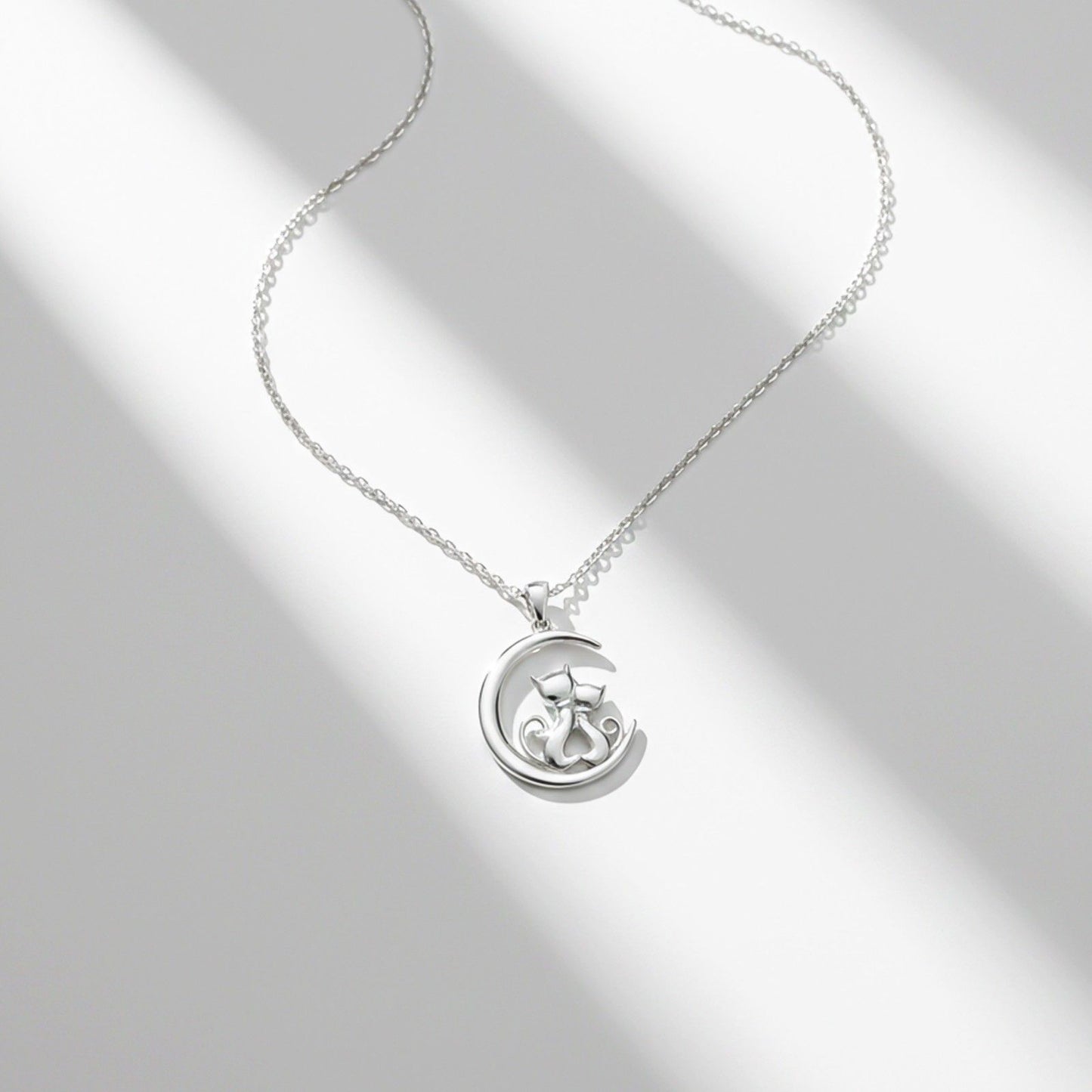 Silver Dreamy Moon Couple Cat Pendant
