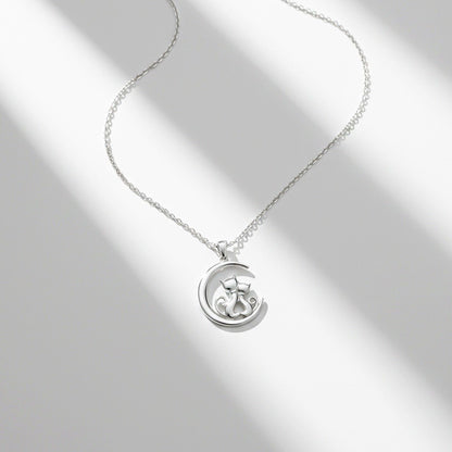 Silver Dreamy Moon Couple Cat Pendant