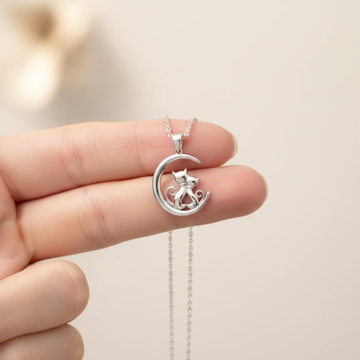 Silver Dreamy Moon Couple Cat Pendant