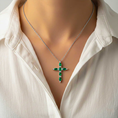 Silver Green Emerald Cross Pendant