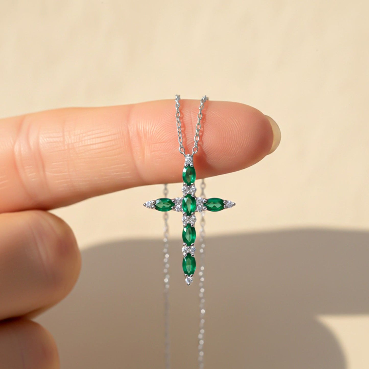 Silver Green Emerald Cross Pendant