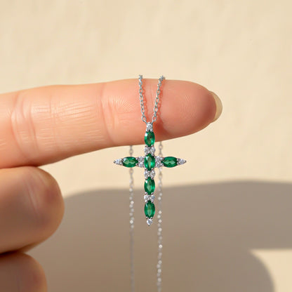 Silver Green Emerald Cross Pendant