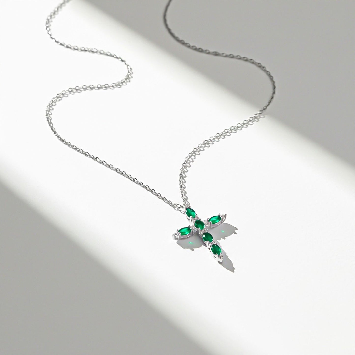 Silver Green Emerald Cross Pendant