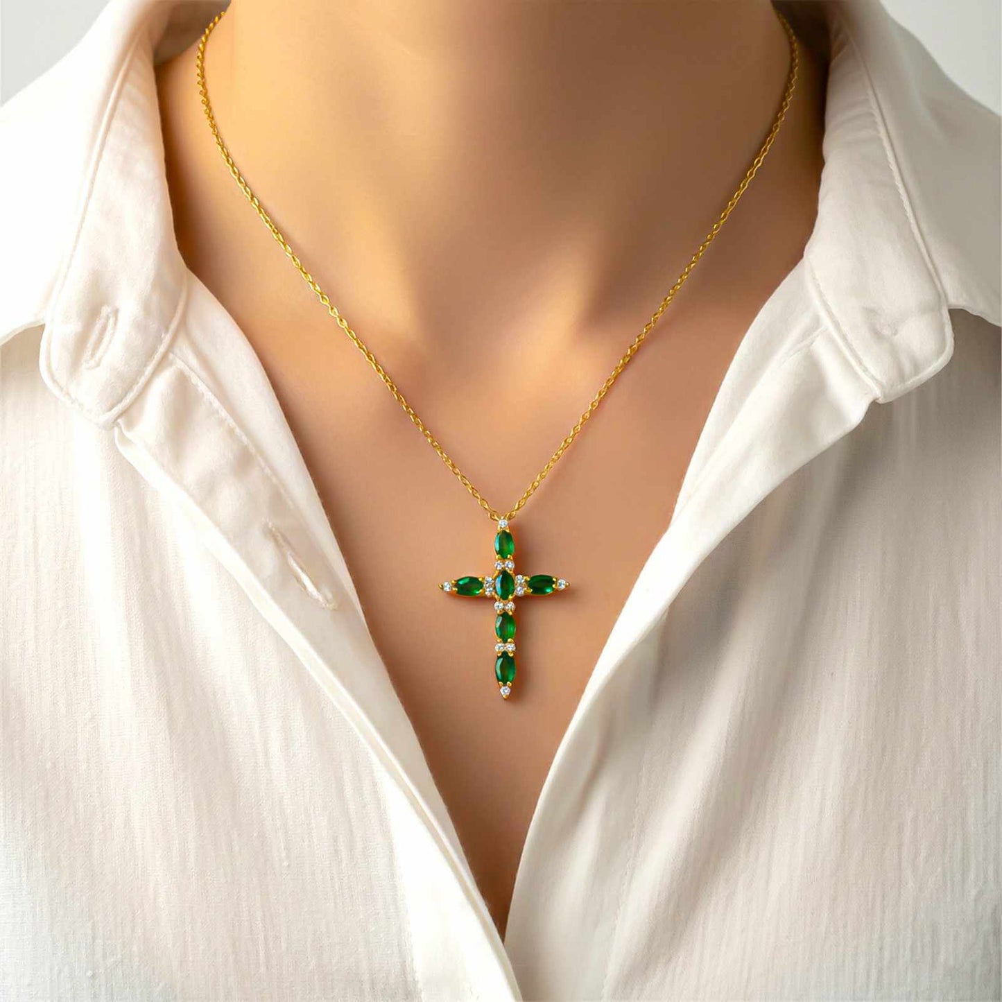 Golden Green Emerald Cross Pendant
