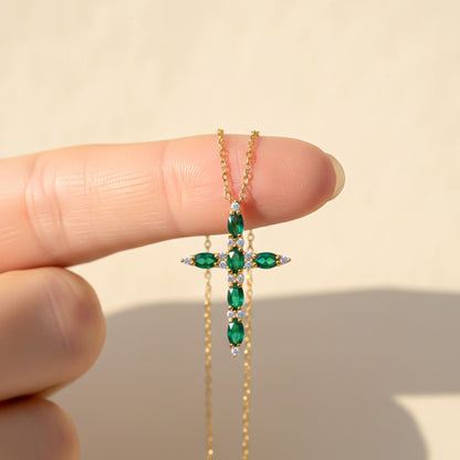 Golden Green Emerald Cross Pendant
