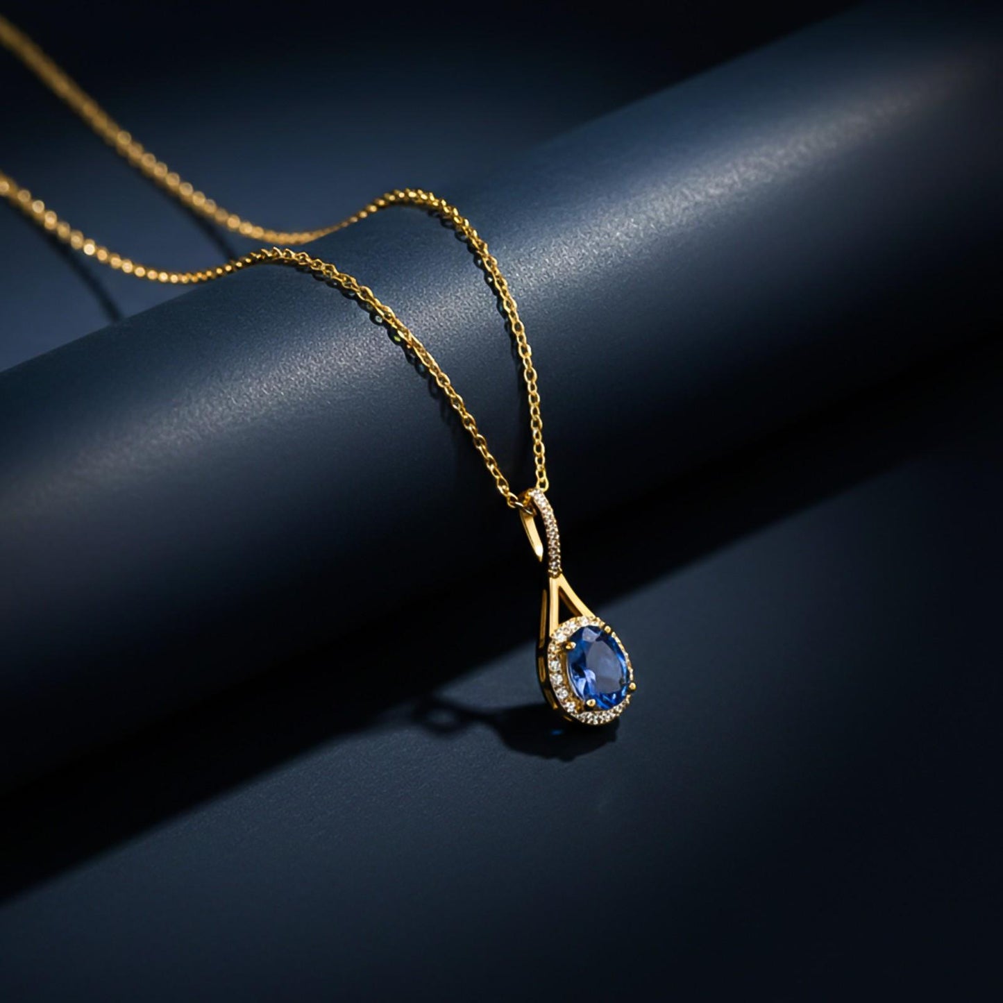 Golden Dazzling Halo Sapphire Pendant