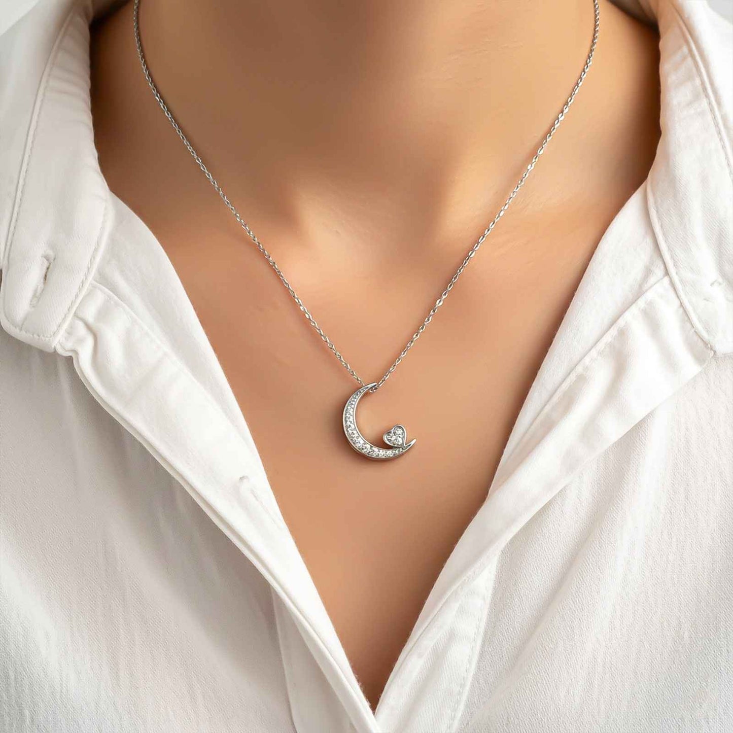 Silver Moon to Heart Necklace