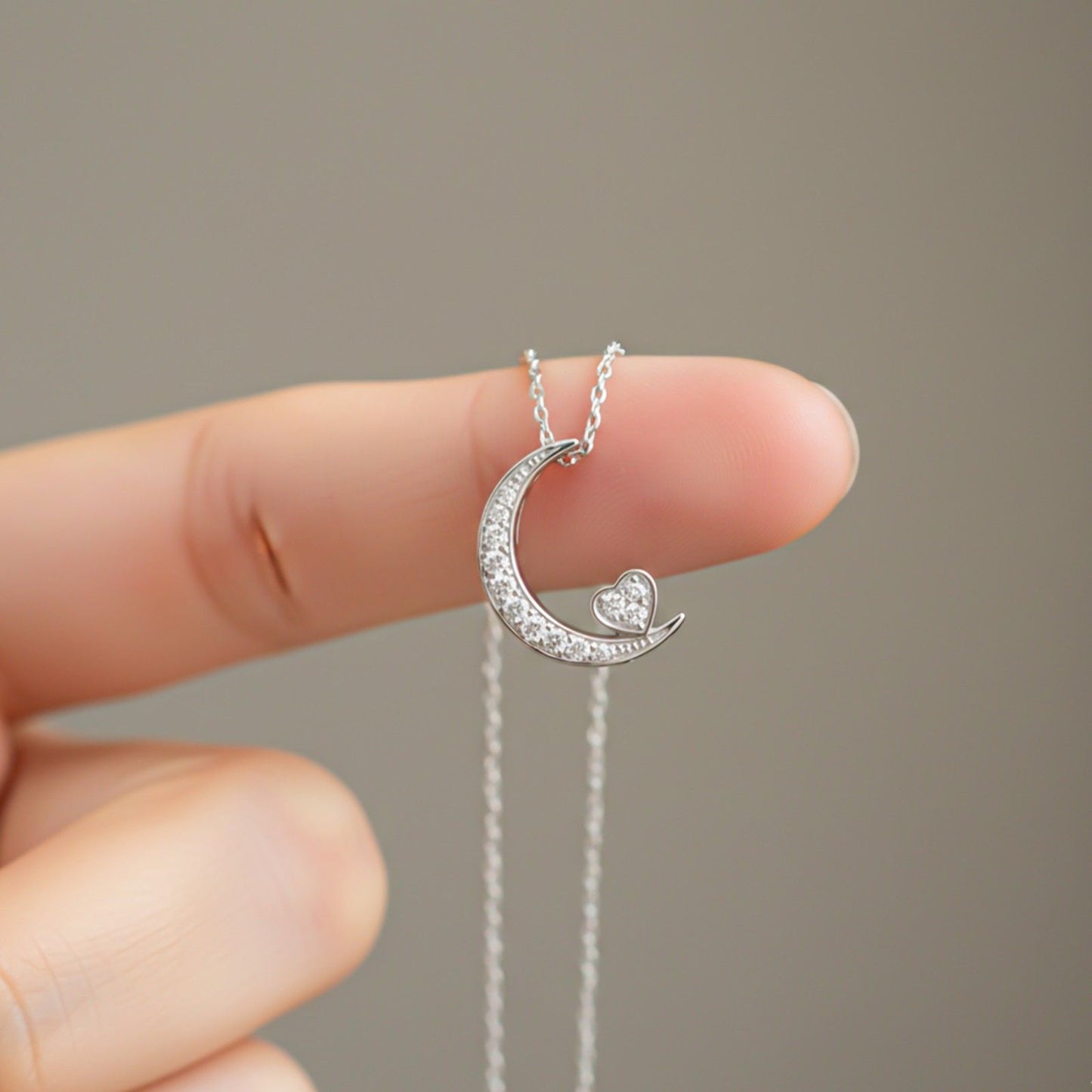 Silver Moon to Heart Necklace