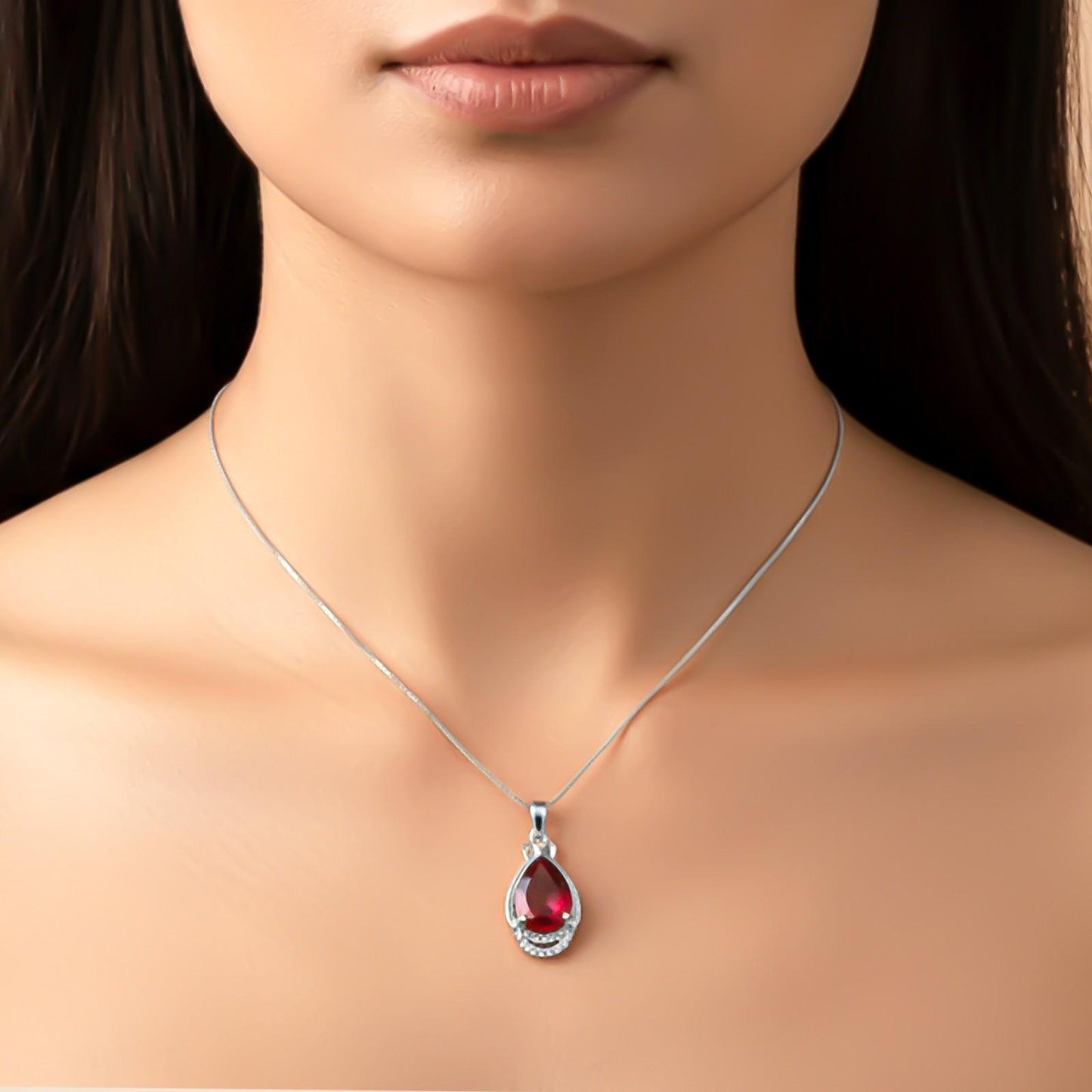 Silver Teardrop Ruby Pendant with CZ Curve