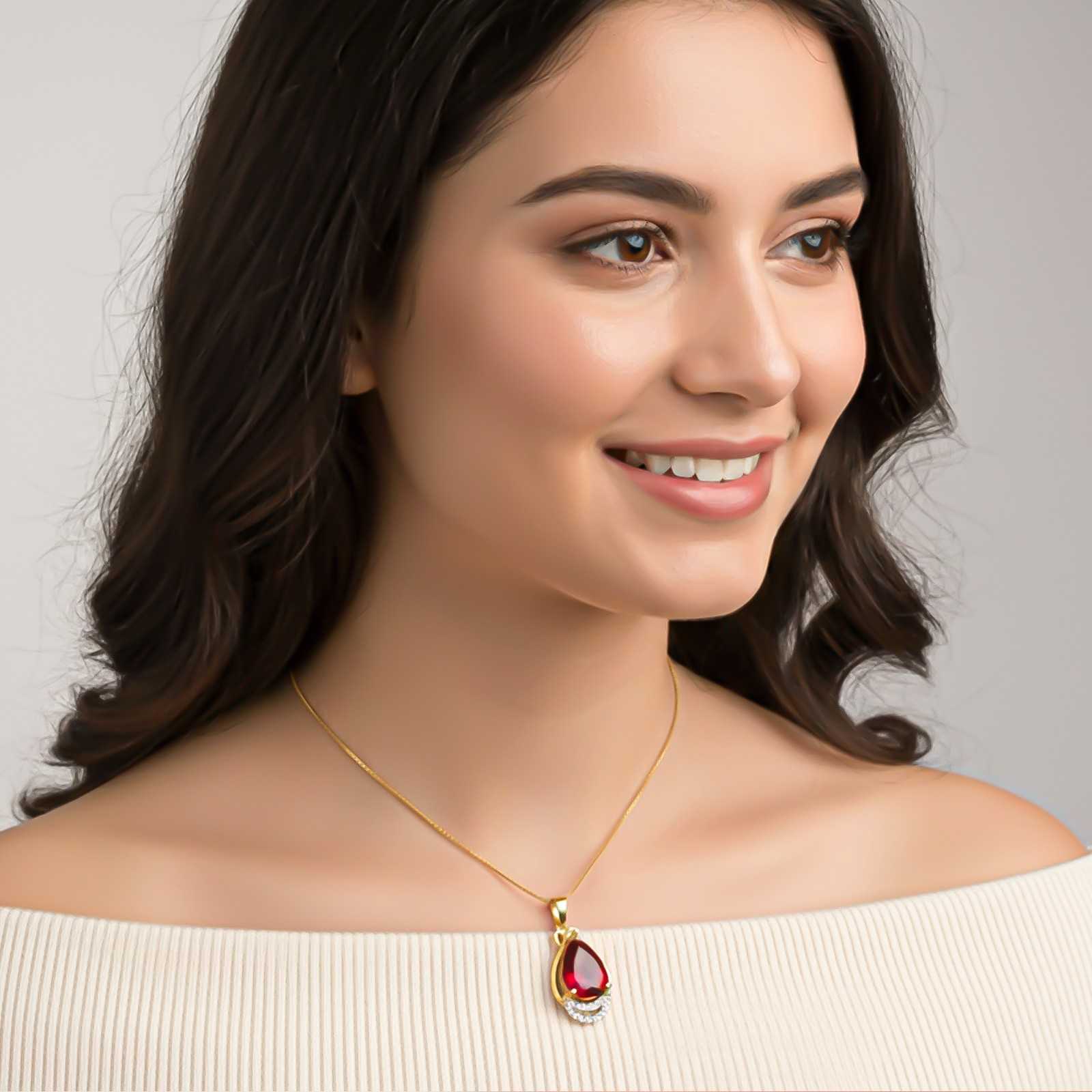 Silver Teardrop Ruby Pendant with CZ Curve