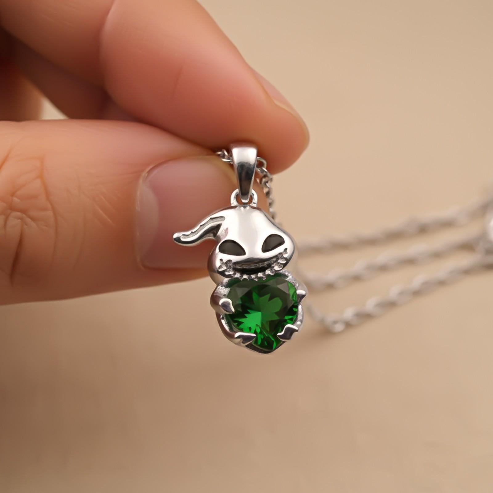 Silver Bunny Charm Green Emerald Pendant