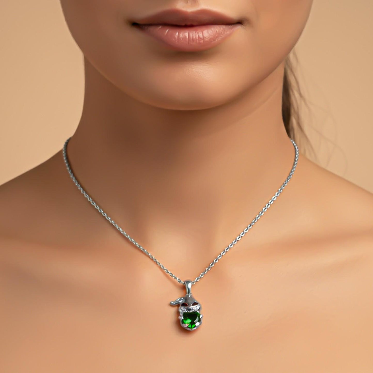 Silver Bunny Charm Green Emerald Pendant
