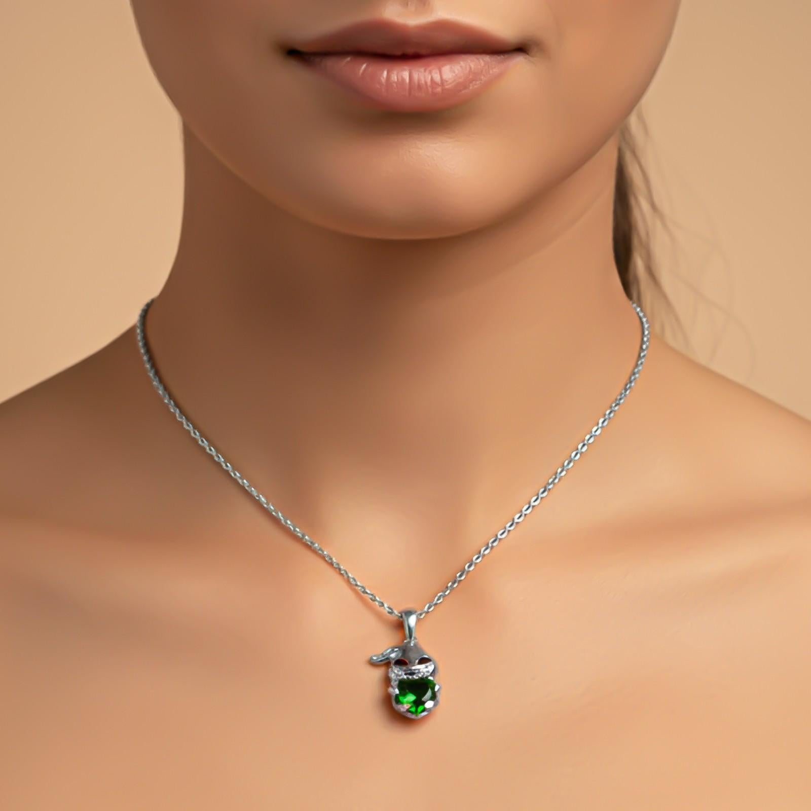 Silver Bunny Charm Green Emerald Pendant