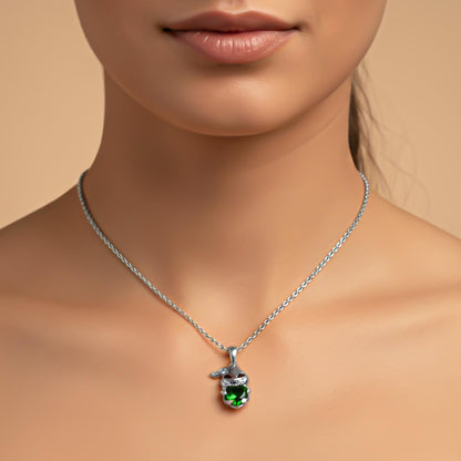 Silver Bunny Charm Green Emerald Pendant