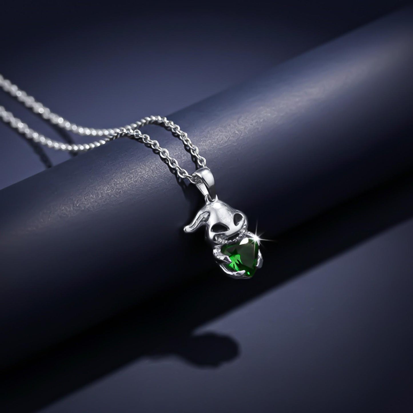 Silver Bunny Charm Green Emerald Pendant
