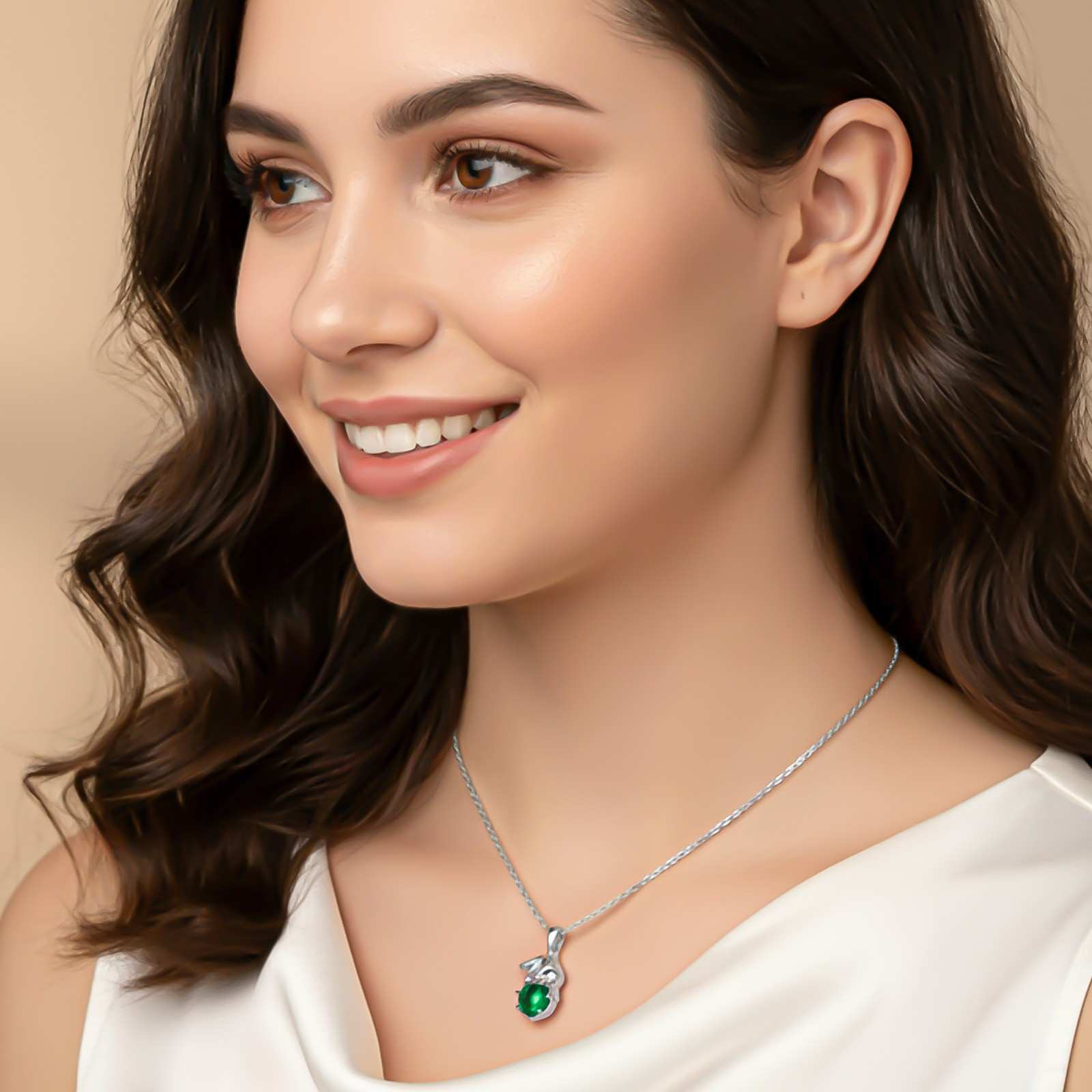 Silver Bunny Charm Green Emerald Pendant