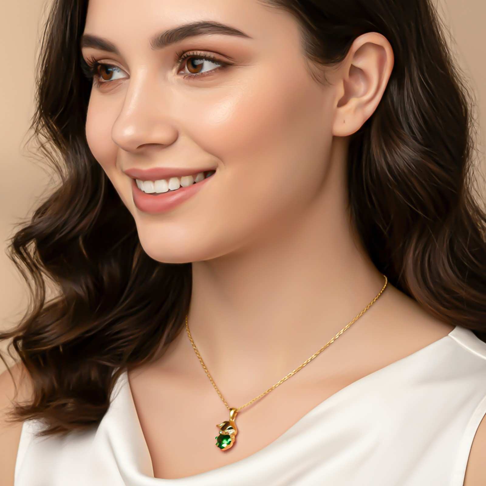 Silver Bunny Charm Green Emerald Pendant