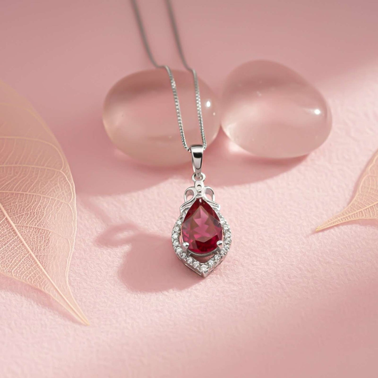 Silver Red Ruby Teardrop Halo Pendant