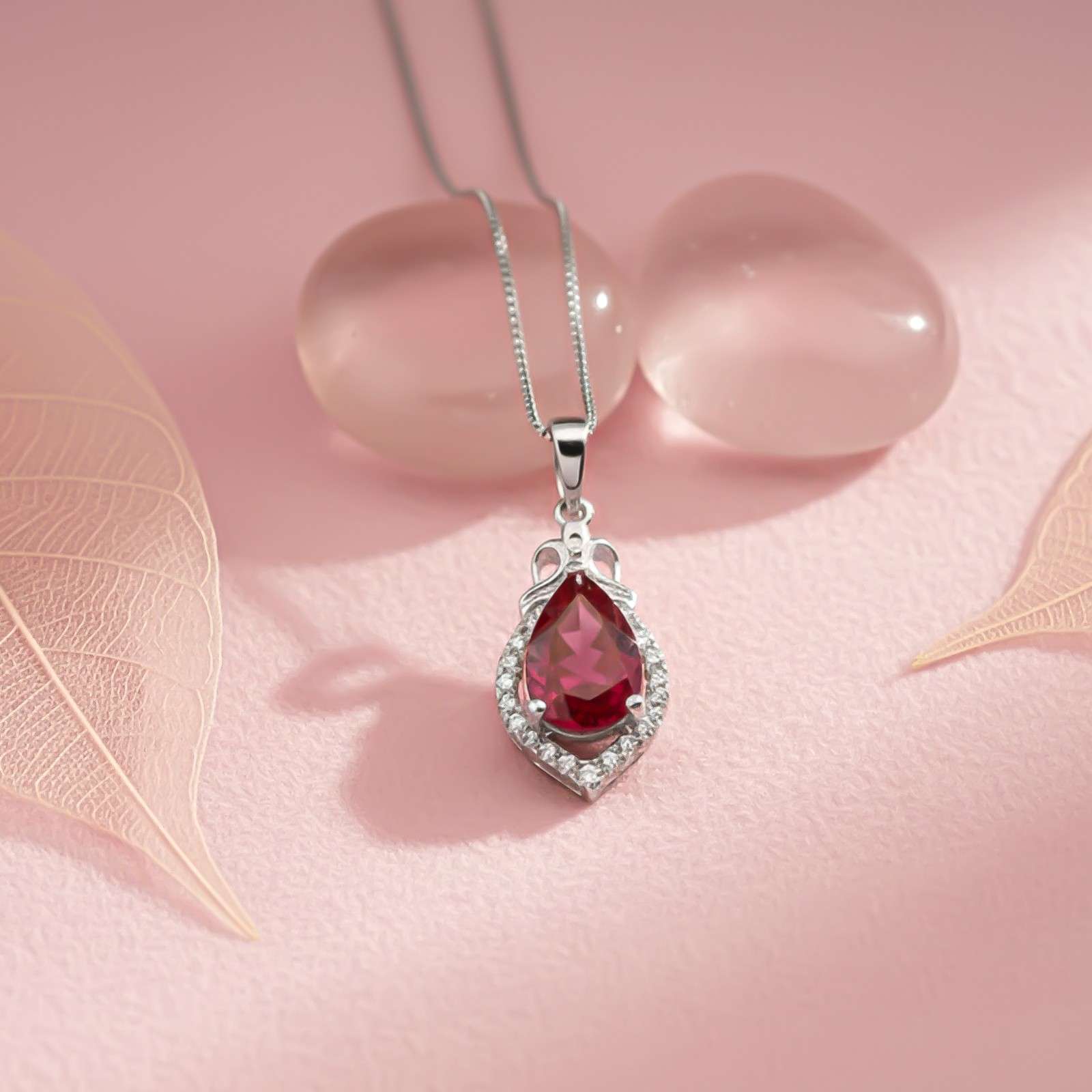 Silver Red Ruby Teardrop Halo Pendant