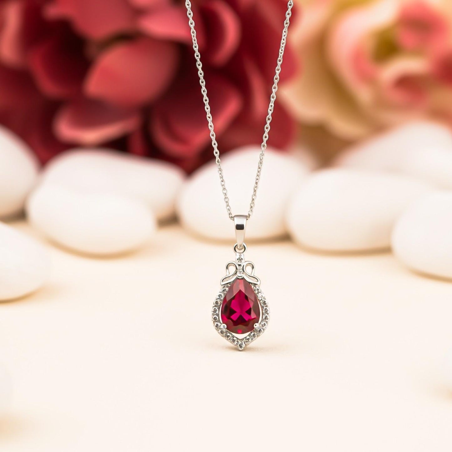 Silver Red Ruby Teardrop Halo Pendant