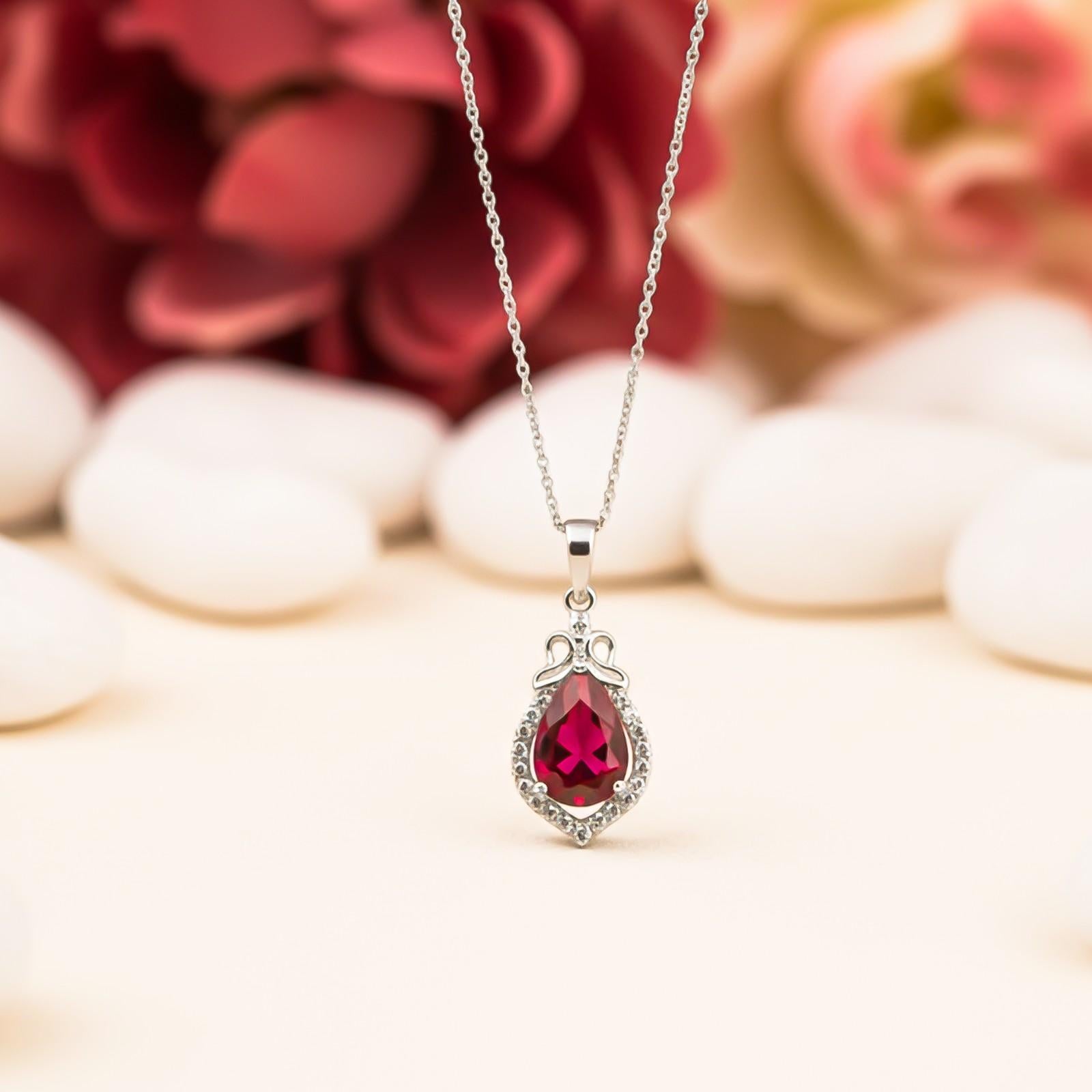 Silver Red Ruby Teardrop Halo Pendant