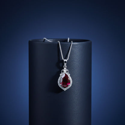 Silver Red Ruby Teardrop Halo Pendant