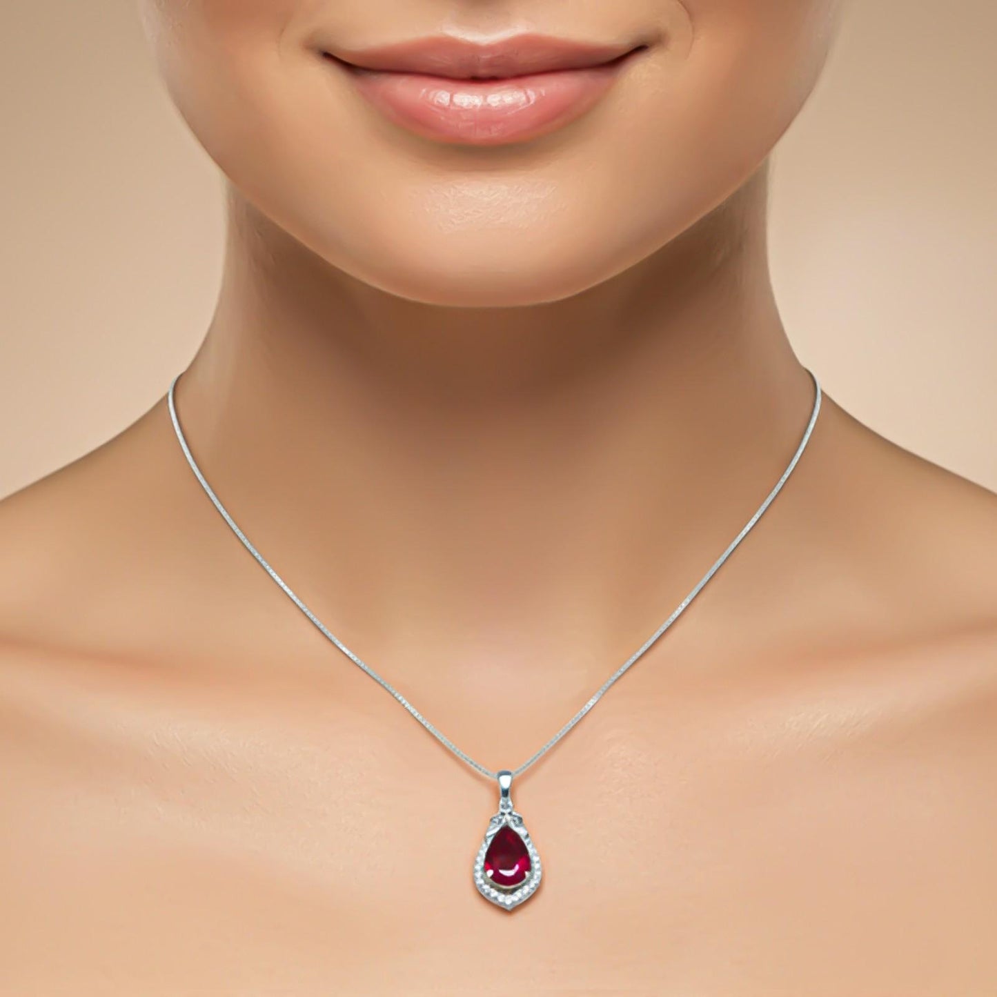 Silver Red Ruby Teardrop Halo Pendant