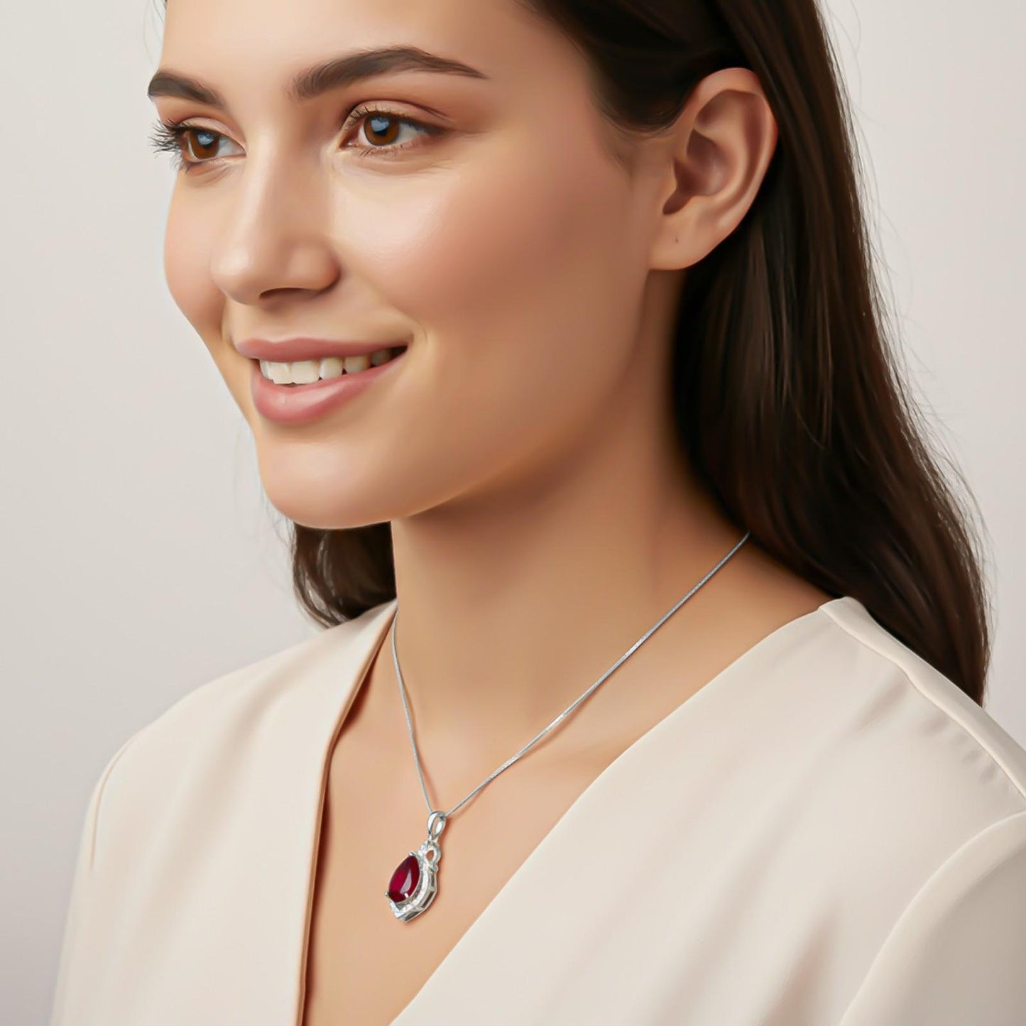 Silver Red Ruby Teardrop Halo Pendant
