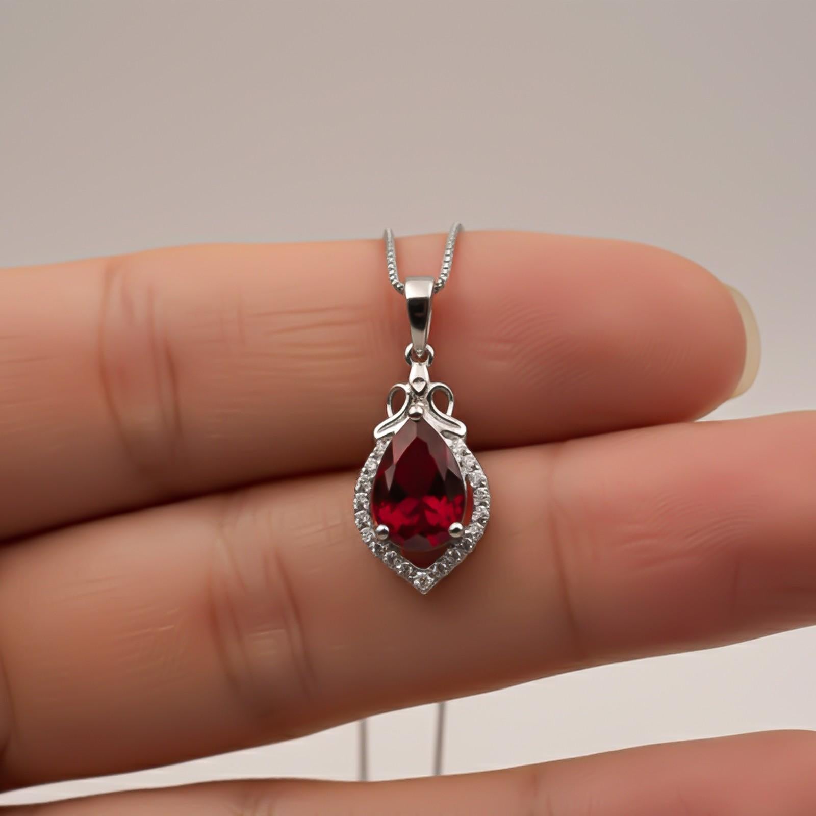 Silver Red Ruby Teardrop Halo Pendant