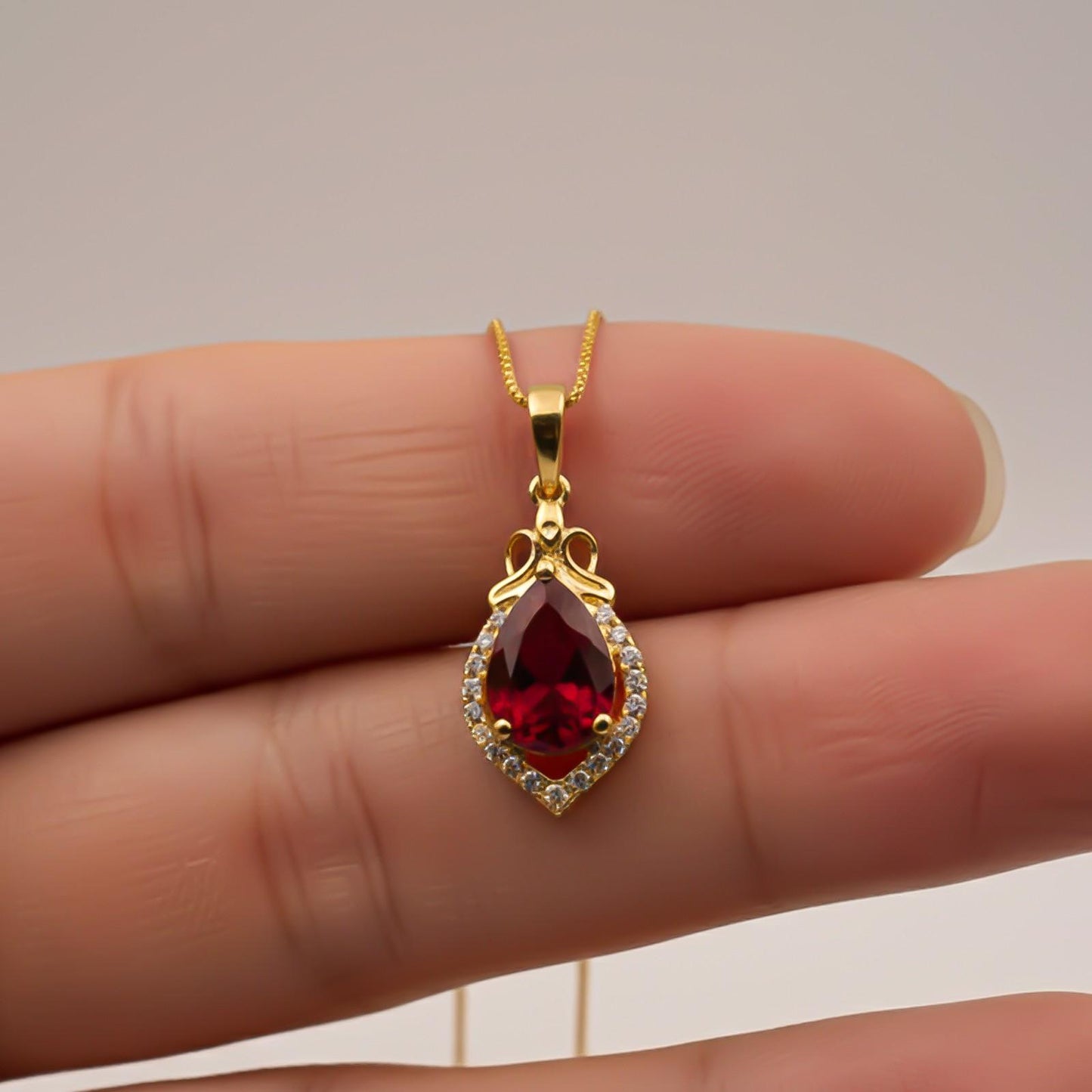 Silver Red Ruby Teardrop Halo Pendant