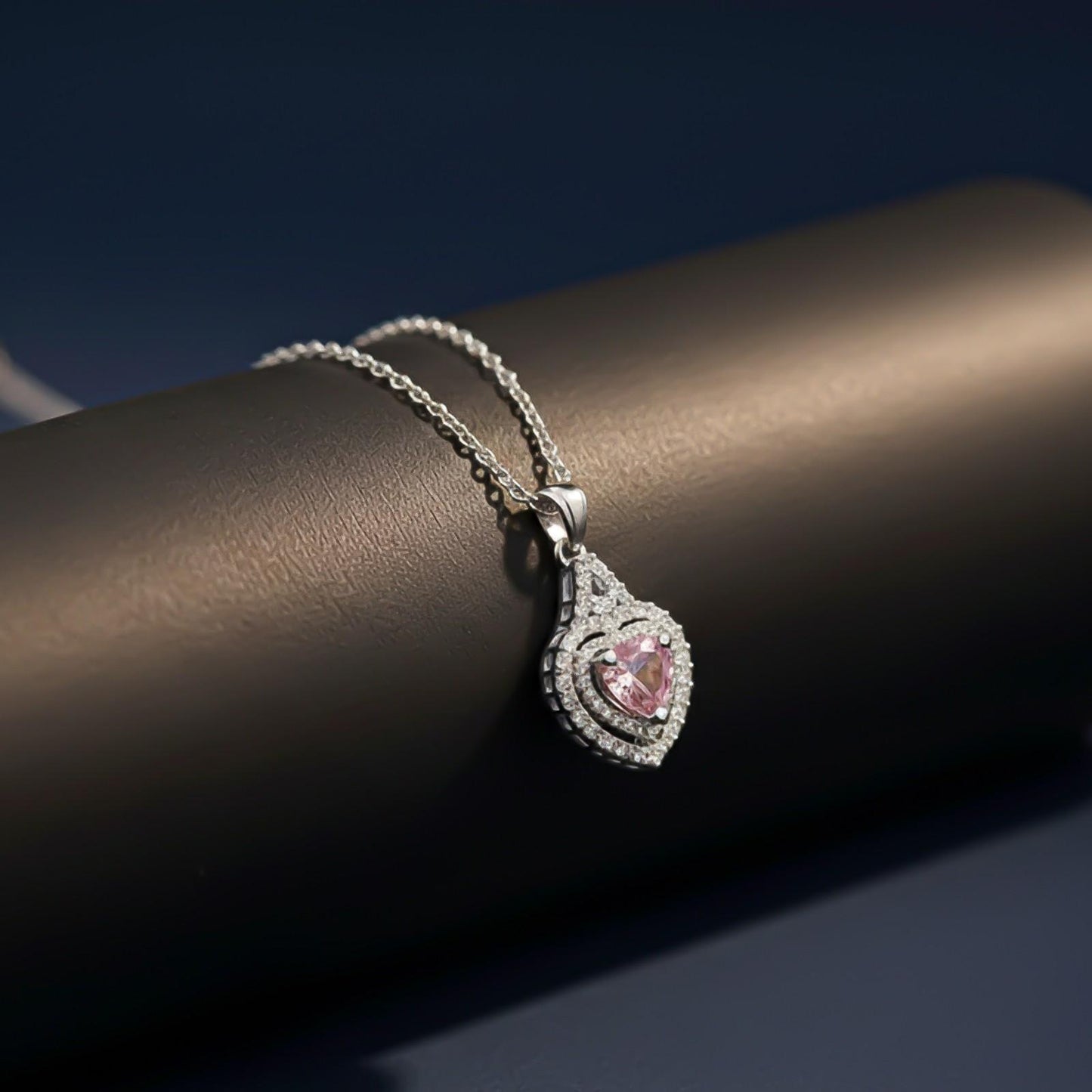 Silver Pink Sapphire Heart Halo Pendant